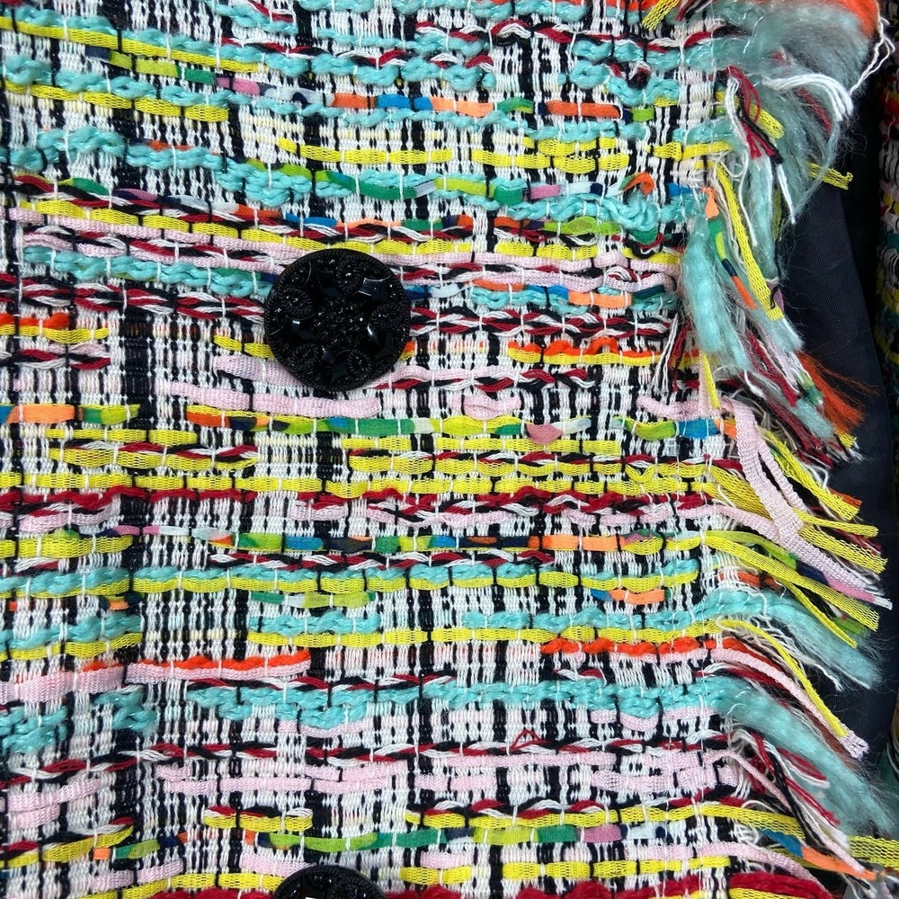 Vintage Adore women's multicolor tweed fringe double button open front coat L - Picture 3 of 9